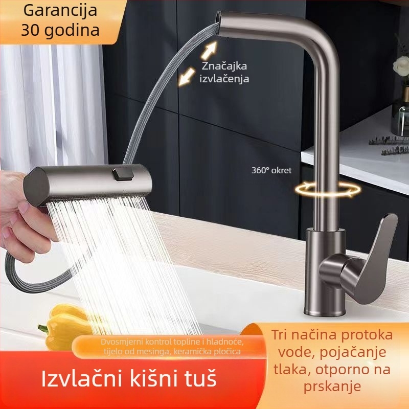 Kuhinjska slavina s izvlačnom glavom, trostruka funkcija, bakreno tijelo, keramički jezgreni ventil, nazivni tlak 1 MPa
