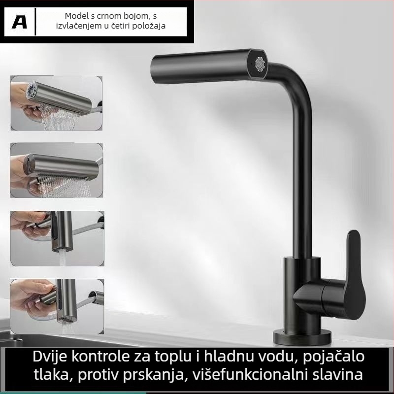 Kuhinjska slavina s izvlačnom glavom, trostruka funkcija, bakreno tijelo, keramički jezgreni ventil, nazivni tlak 1 MPa
