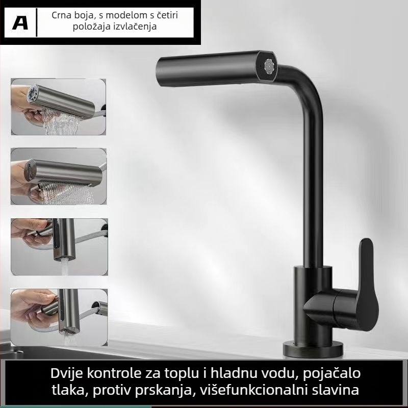 Kuhinjska slavina s izvlačnom glavom, trostruka funkcija, bakreno tijelo, keramički jezgreni ventil, nazivni tlak 1 MPa