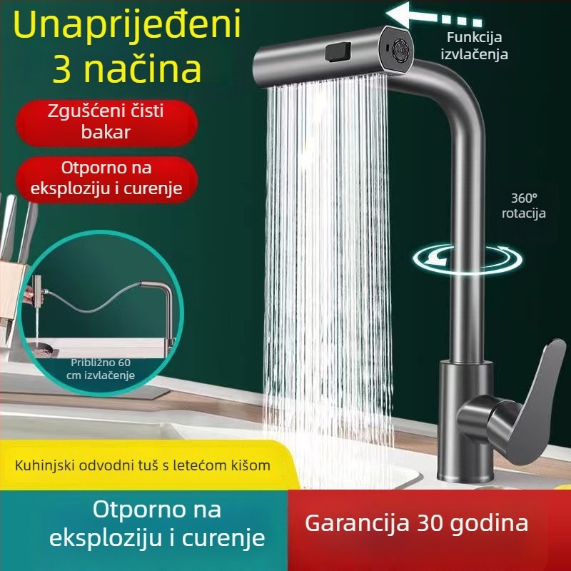 Kuhinjska slavina s izvlačnom glavom, trostruka funkcija, bakreno tijelo, keramički jezgreni ventil, nazivni tlak 1 MPa