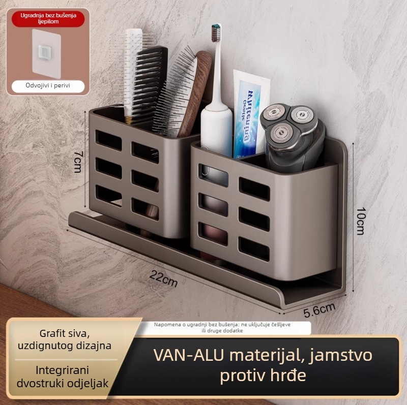 Zidni ormarić za kupaonicu za četkice za zube, pastu za zube, britvice i češljeve; aluminij, jednoslojni, nosivost 1–5 kg, moderan minimalistički stil