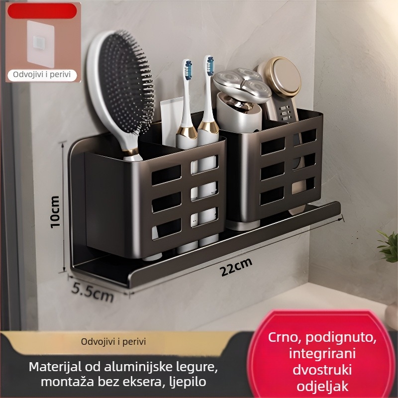 Zidni ormarić za kupaonicu za četkice za zube, pastu za zube, britvice i češljeve; aluminij, jednoslojni, nosivost 1–5 kg, moderan minimalistički stil