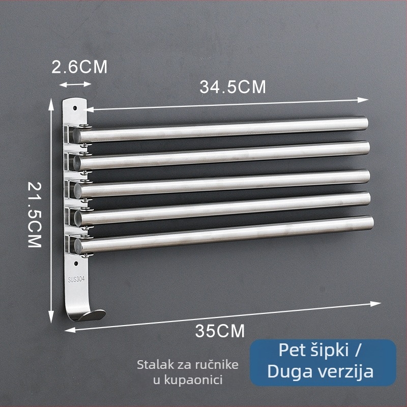 Rotirajući držač ručnika od 304 nerđajućeg čelika, bez bušenja, s pet šipki, sjajna završna obrada
