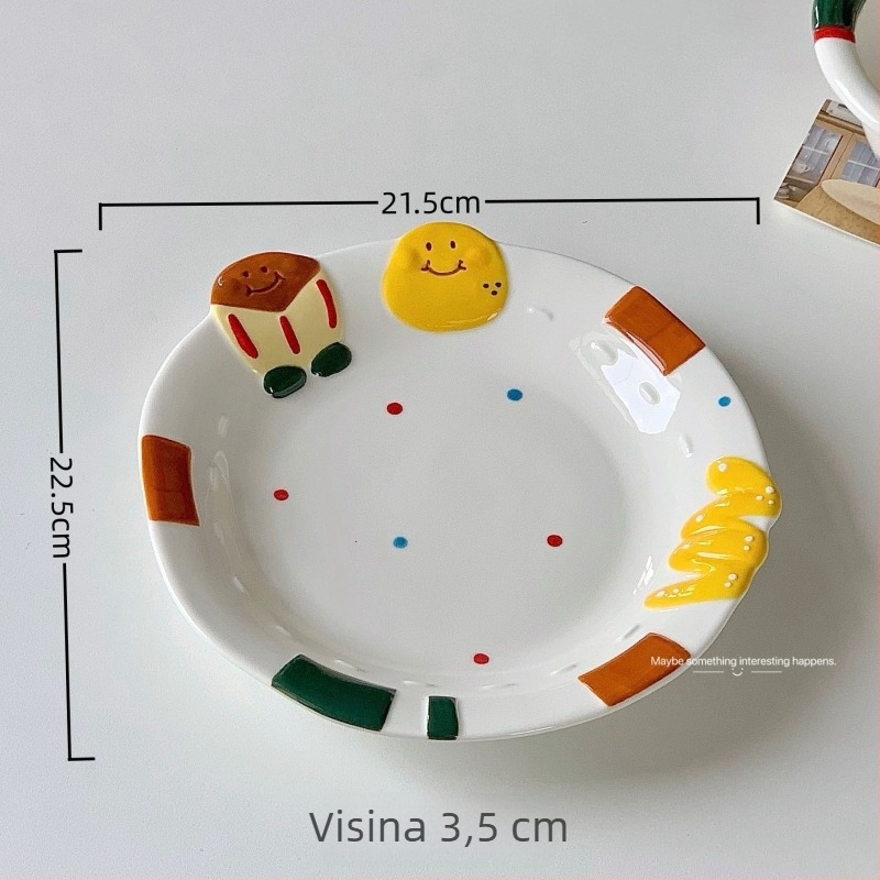 Keramički set zdjela i tanjura, okrugli oblik, crtani uzorak, sladak stil, pogodan za mikrovalnu