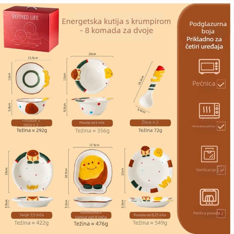 Keramički set zdjela i tanjura, okrugli oblik, crtani uzorak, sladak stil, pogodan za mikrovalnu