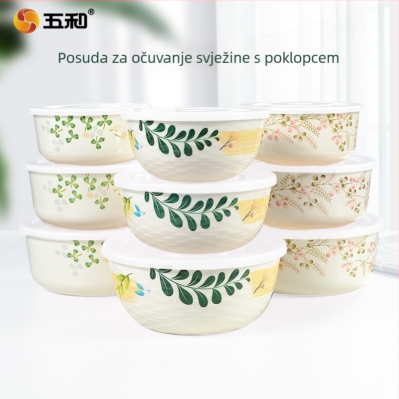 Trodjelni melamin set zdjela za nudle s motivom cvijeta breskve i kutija za ručak, kružnog oblika