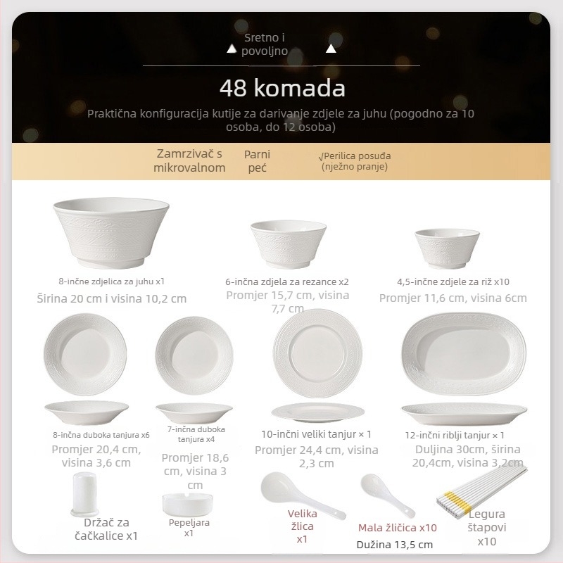 Porcelanski set posuđa – zdjela, tanjur i chopsticks, nordijski stil, okrugli oblik, podglazurni dekor, mikrovalna kompatibilnost