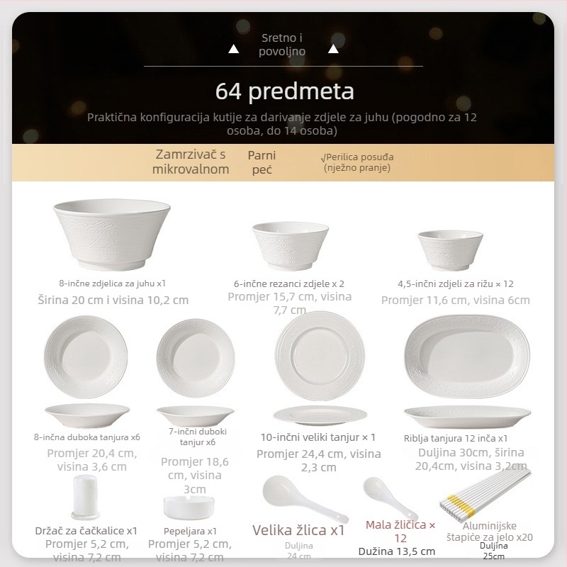 Porcelanski set posuđa – zdjela, tanjur i chopsticks, nordijski stil, okrugli oblik, podglazurni dekor, mikrovalna kompatibilnost