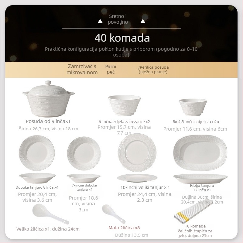 Porcelanski set posuđa – zdjela, tanjur i chopsticks, nordijski stil, okrugli oblik, podglazurni dekor, mikrovalna kompatibilnost