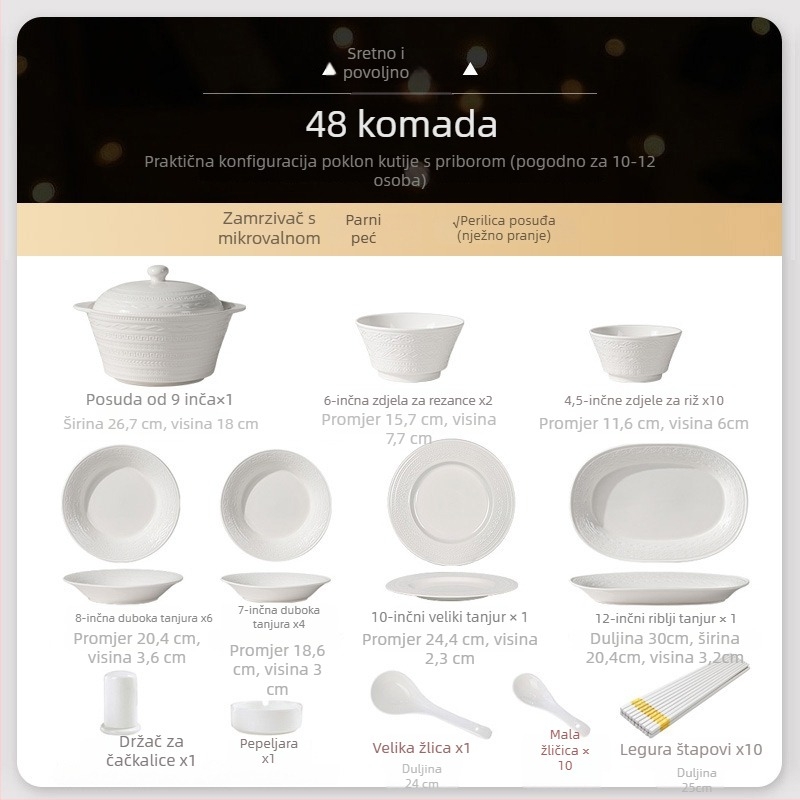 Porcelanski set posuđa – zdjela, tanjur i chopsticks, nordijski stil, okrugli oblik, podglazurni dekor, mikrovalna kompatibilnost