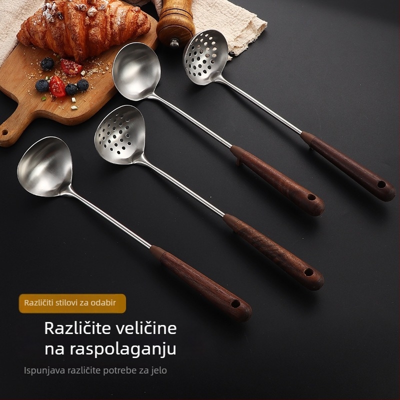 Set jušne žlice i cedilice s drškom od orahovog drveta, 304 nehrđajući čelik, protuklizna silikonska drška, otporno na toplinu