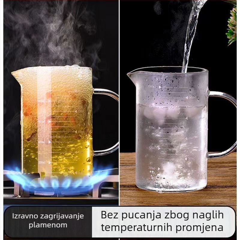 Staklena mjerna posuda otporna na visoke temperature sa skalom, poklopcem i ručkom