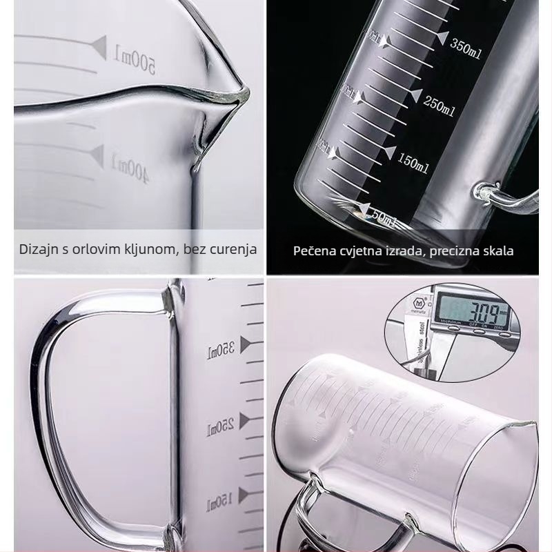Staklena mjerna posuda otporna na visoke temperature sa skalom, poklopcem i ručkom