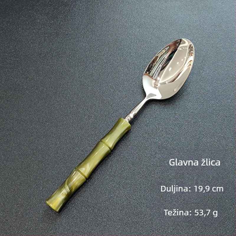 Set noževa, vilica i žlica – ručna izrada od 304 nehrđajućeg čelika, dizajn s bambusovim spojnicama, završna površina ogledalo, Novi kineski stil