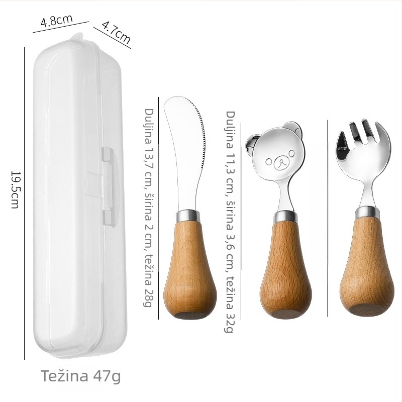 Set pribora za djecu s drvenom ručkom i 304 inox čelikom, prenosiv u kutiji, ručna izrada