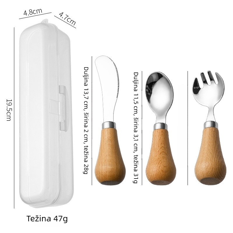 Set pribora za djecu s drvenom ručkom i 304 inox čelikom, prenosiv u kutiji, ručna izrada