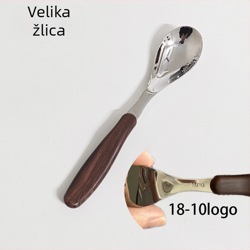 Dječja žlica od nehrđajućeg čelika s drvenim uzorkom ručke – žlica za hranjenje i piće za djecu, retro stil, ogledno poliranje