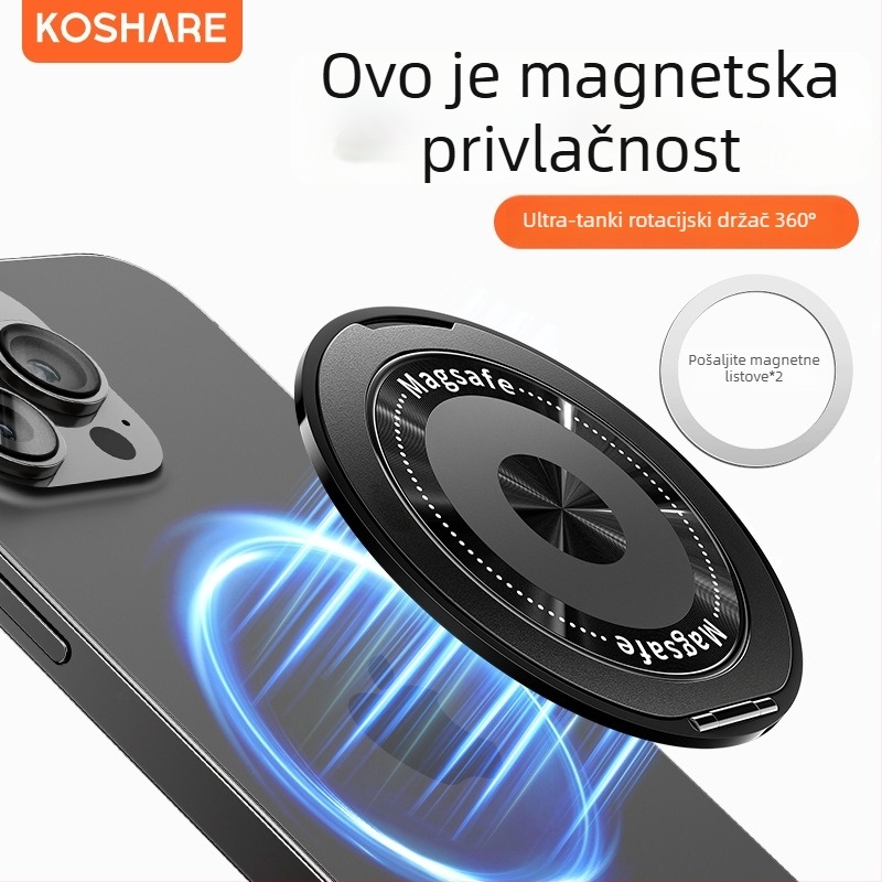 Sklopiva držač za telefon s magnetskim prstenom i stražnjom naljepnicom, kompatibilan s Apple, Huawei i Xiaomi, metal i plast