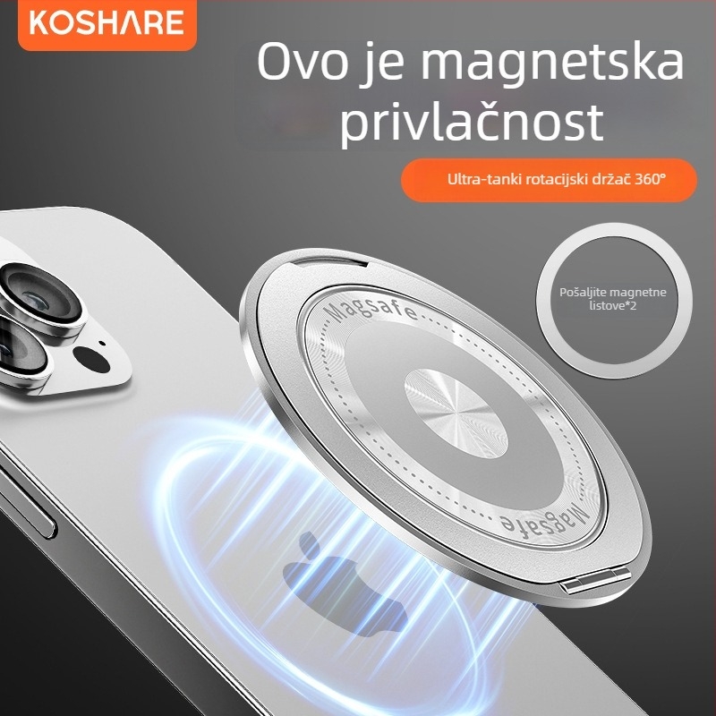 Sklopiva držač za telefon s magnetskim prstenom i stražnjom naljepnicom, kompatibilan s Apple, Huawei i Xiaomi, metal i plast