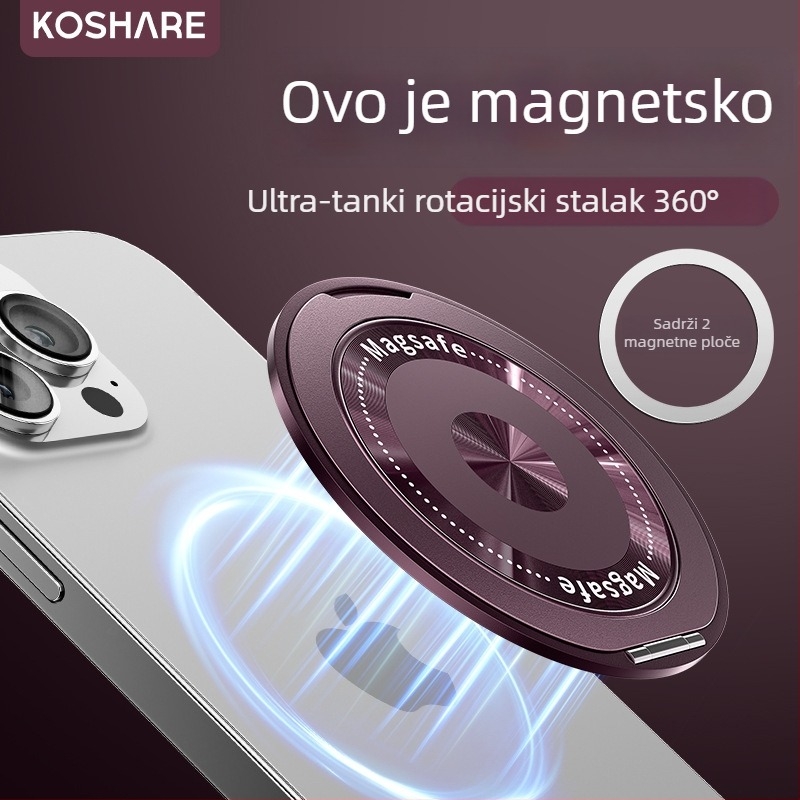 Sklopiva držač za telefon s magnetskim prstenom i stražnjom naljepnicom, kompatibilan s Apple, Huawei i Xiaomi, metal i plast