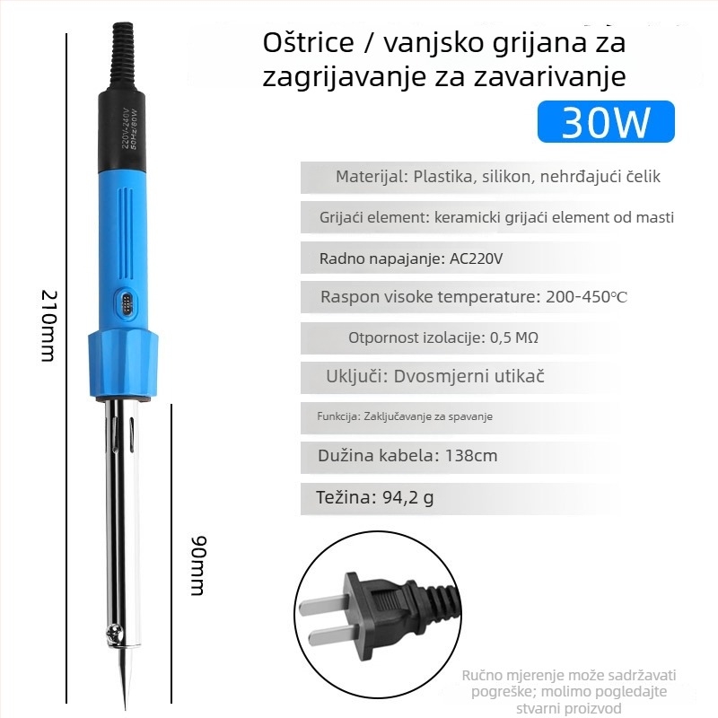 Električno lemilo s bakrenim vrhom, podesiva temperatura 200–450°C, 220V, duljina 235 mm, snaga 30–300W