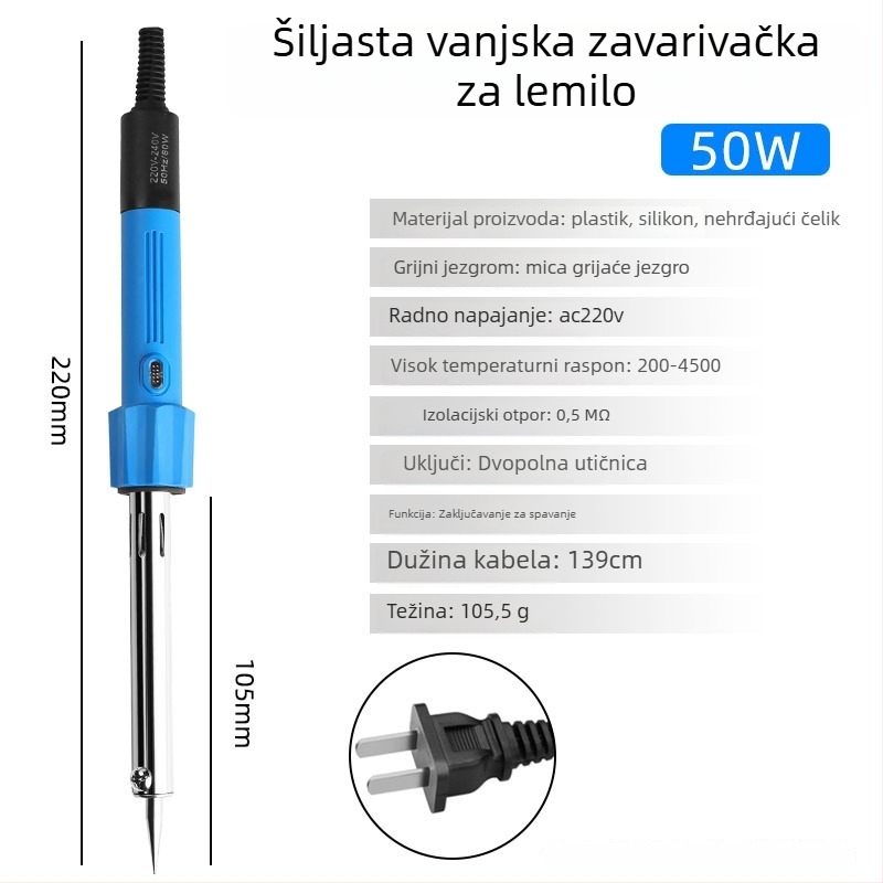 Električno lemilo s bakrenim vrhom, podesiva temperatura 200–450°C, 220V, duljina 235 mm, snaga 30–300W
