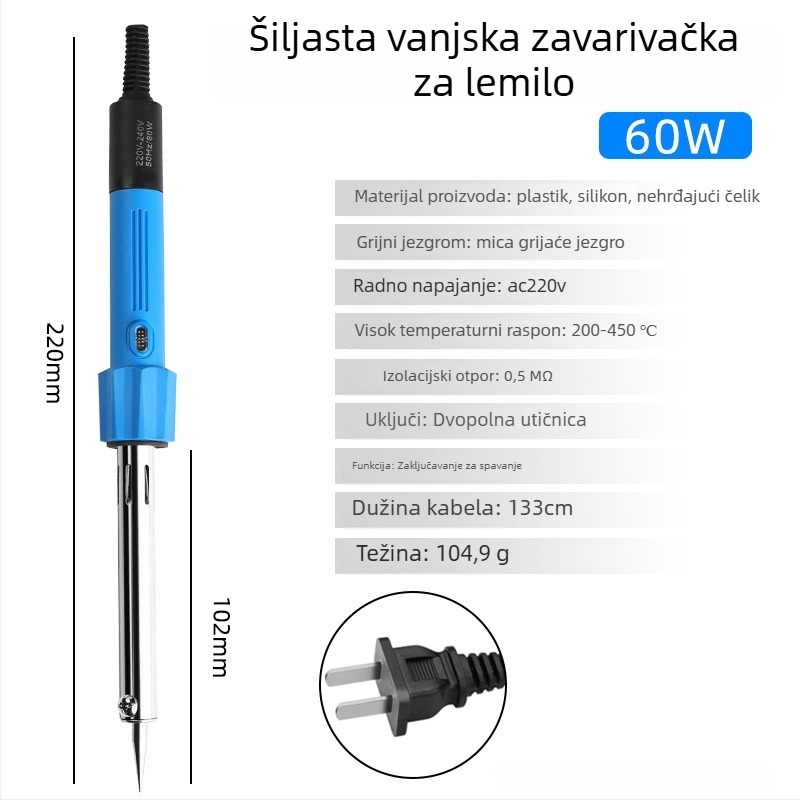 Električno lemilo s bakrenim vrhom, podesiva temperatura 200–450°C, 220V, duljina 235 mm, snaga 30–300W