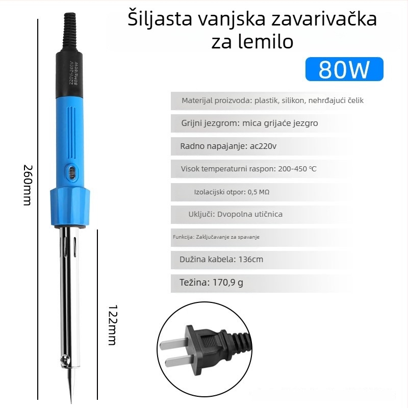 Električno lemilo s bakrenim vrhom, podesiva temperatura 200–450°C, 220V, duljina 235 mm, snaga 30–300W