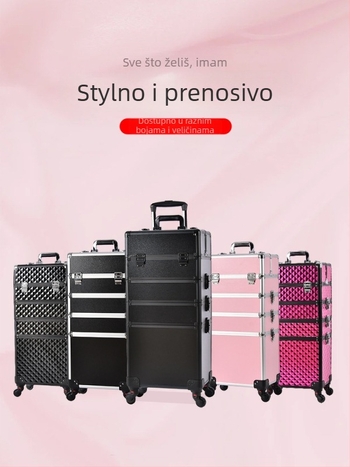 Kofer za šminku na kotačićima velike kapacitete, ABS materijal, povlačna ručka, zaključavanje lokotom, četveroslojna konstrukcija