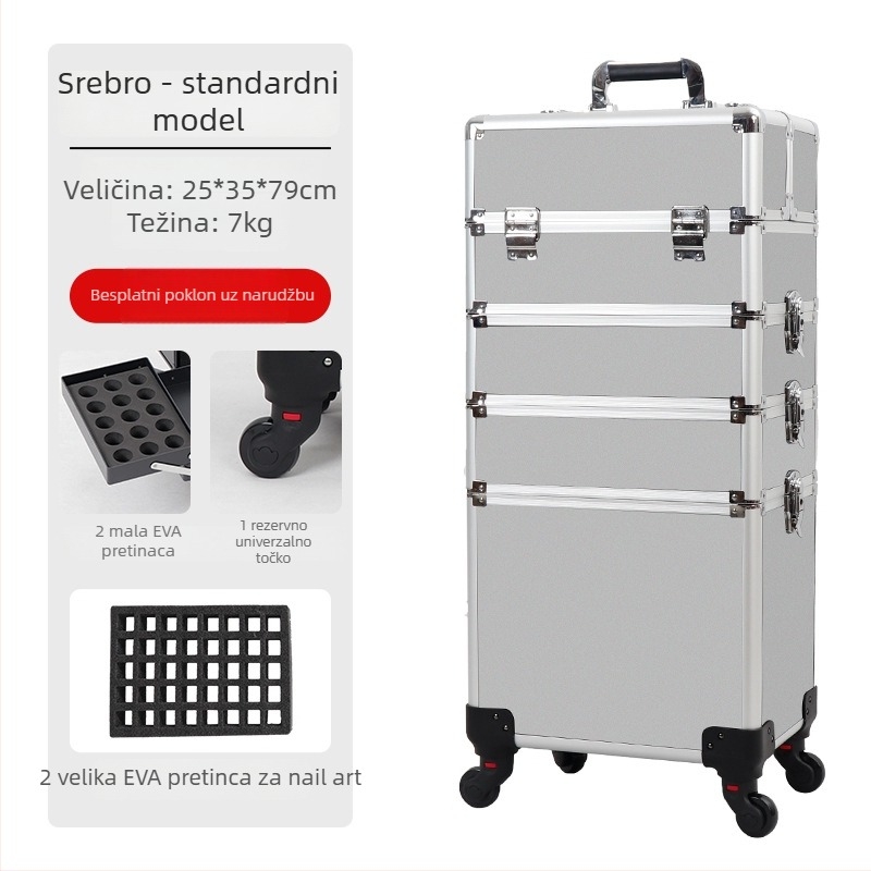 Kofer za šminku na kotačićima velike kapacitete, ABS materijal, povlačna ručka, zaključavanje lokotom, četveroslojna konstrukcija