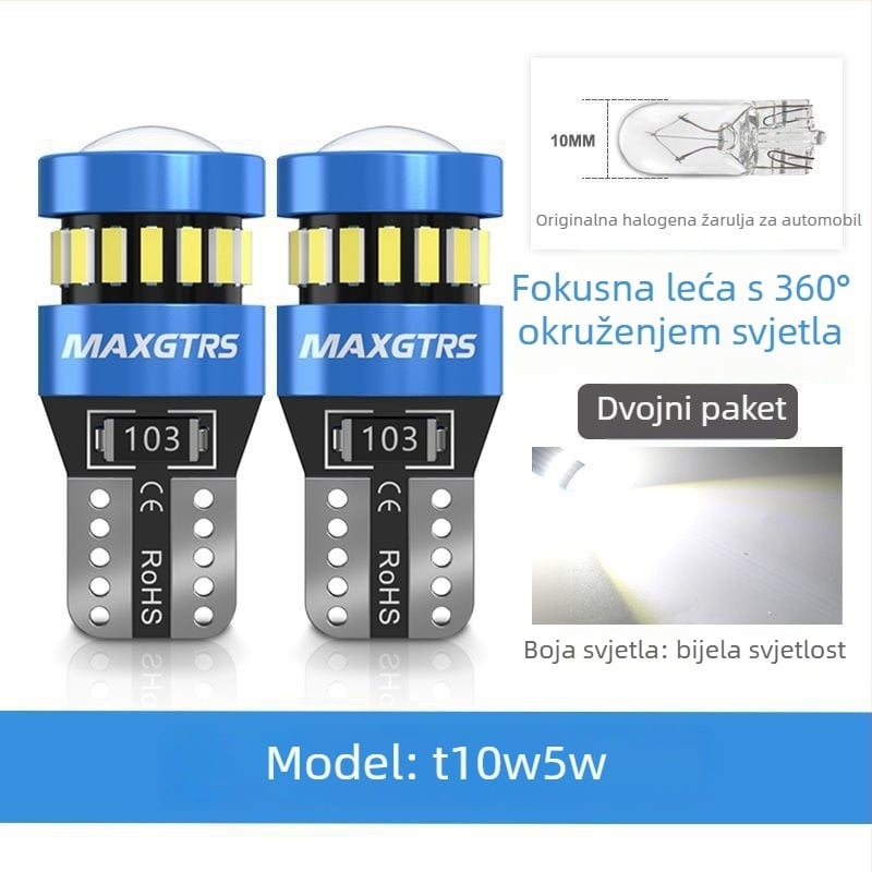 12V T10 LED žarulja s lećom za W5W poziciono svjetlo i svjetlo registarske pločice – universalni plug-in