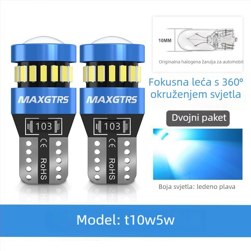 12V T10 LED žarulja s lećom za W5W poziciono svjetlo i svjetlo registarske pločice – universalni plug-in