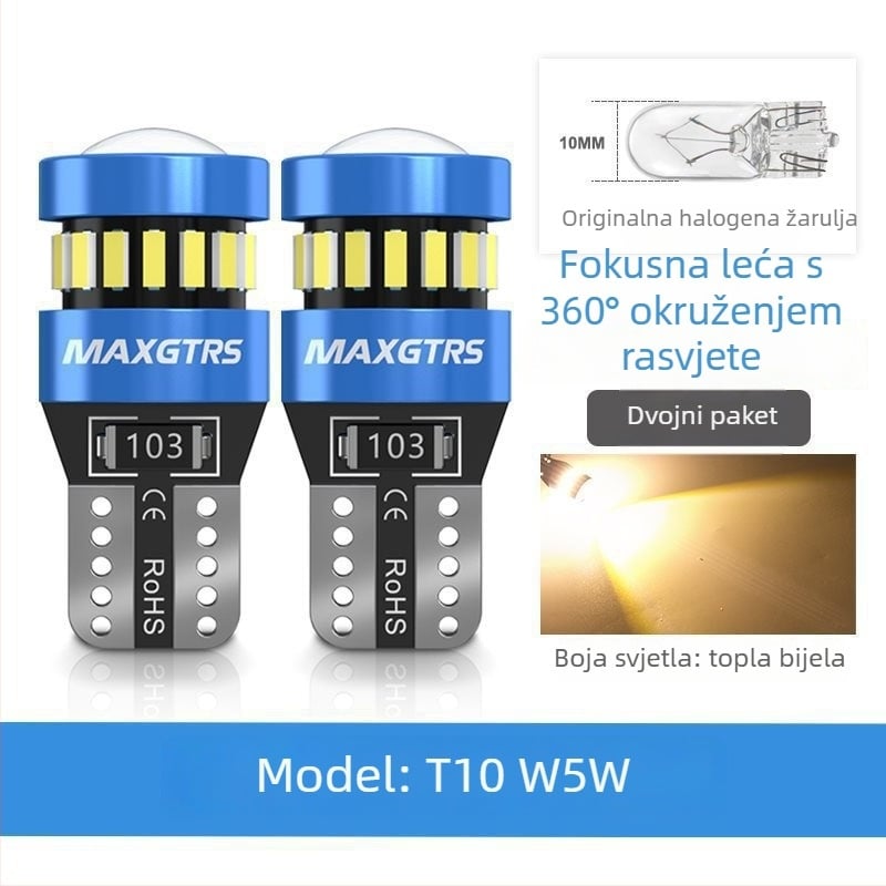 12V T10 LED žarulja s lećom za W5W poziciono svjetlo i svjetlo registarske pločice – universalni plug-in