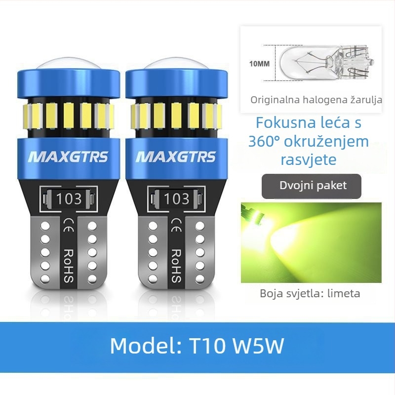 12V T10 LED žarulja s lećom za W5W poziciono svjetlo i svjetlo registarske pločice – universalni plug-in