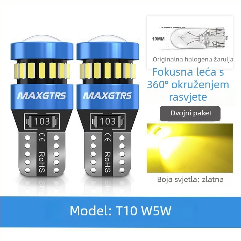 12V T10 LED žarulja s lećom za W5W poziciono svjetlo i svjetlo registarske pločice – universalni plug-in