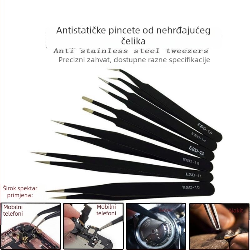 Antistatične pinze od nehrđajućeg čelika s preciznim zavijenim vrhom za zavarivanje elektroničkih komponenti