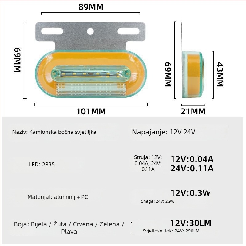 LED bočna marker svjetla za kamione, vodootporna, 12/24V, IP67, Materijal: željezna ploča + ABS kućište, Životni vijek 50000 h