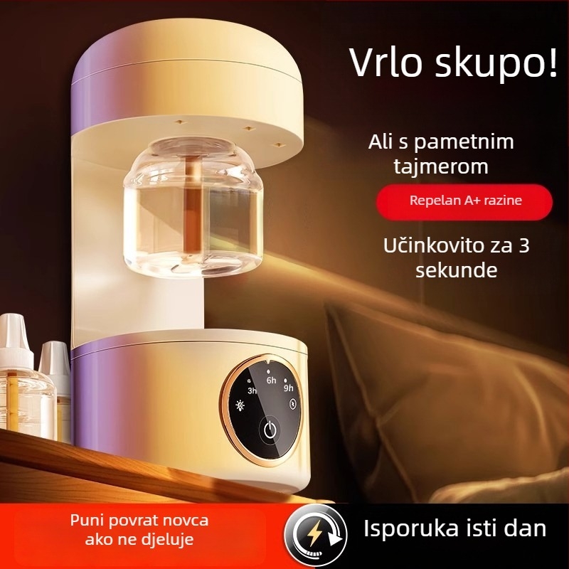 Električni repelent za komarce (tekućina/tableta) s LED, pogodno za 31–40 m², radno vrijeme 3–6 h, ugrađena baterija