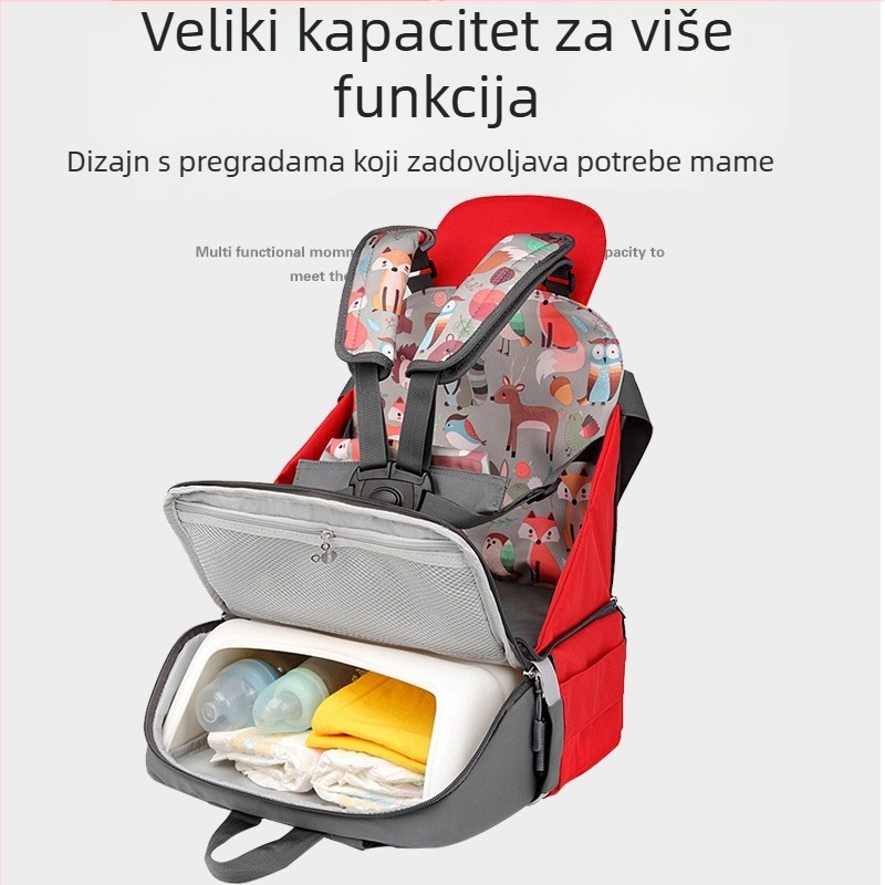 Prijenosna sklopiva višefunkcionalna torba za mamu, velika zapremina za nošenje beba, dječji stol za hranjenje, može se koristiti u automobilu — Oxford platno, najlon podstava, uzorak životinjskog motiva, zakrivljeni remen za rame
