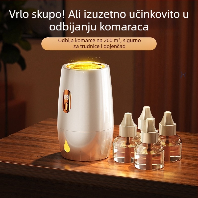 Električni repelent za komarce za kućnu upotrebu, USB tajmer, pogodan za prostorije 11–20 m², LED svjetlo, ugrađena baterija, trajanje baterije preko 12 sati