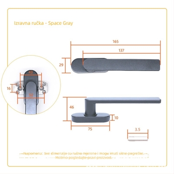 Aluminijska ručica za prozor, kvadratna osovina, model: ravna ili pomaknuta ručica, oksidirani završetak, moderni minimalistički stil
