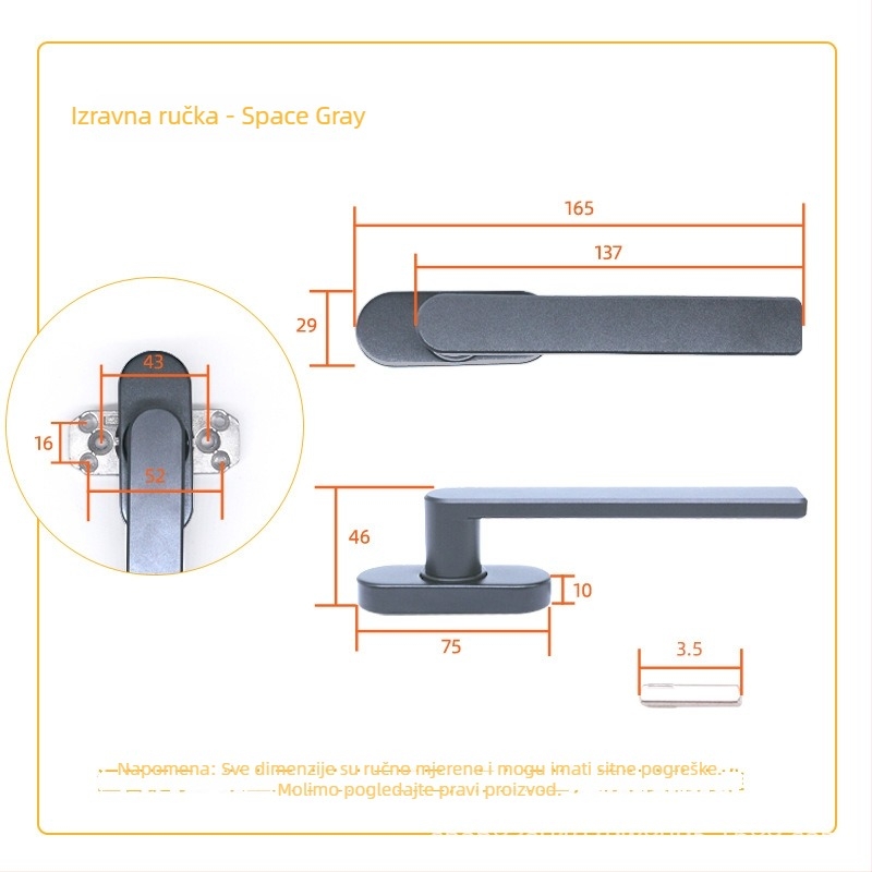 Aluminijska ručica za prozor, kvadratna osovina, model: ravna ili pomaknuta ručica, oksidirani završetak, moderni minimalistički stil