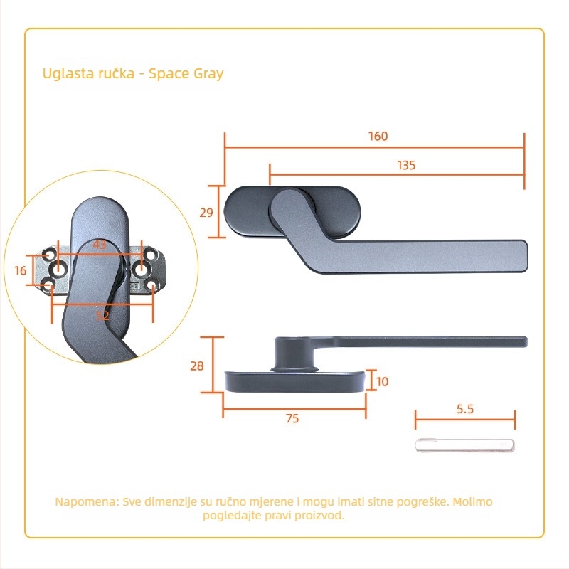 Aluminijska ručica za prozor, kvadratna osovina, model: ravna ili pomaknuta ručica, oksidirani završetak, moderni minimalistički stil