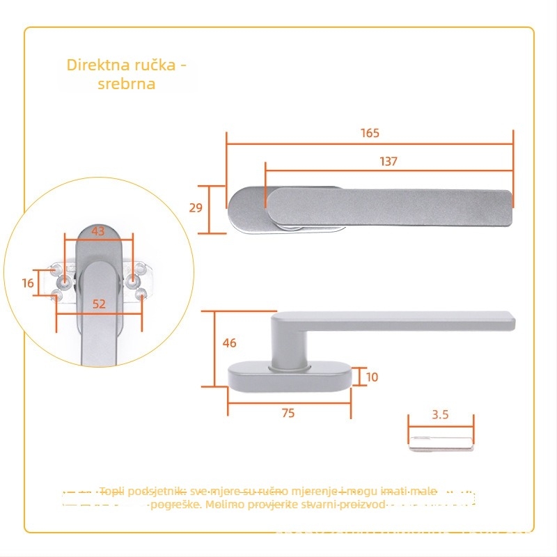 Aluminijska ručica za prozor, kvadratna osovina, model: ravna ili pomaknuta ručica, oksidirani završetak, moderni minimalistički stil