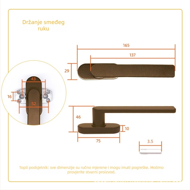 Aluminijska ručica za prozor, kvadratna osovina, model: ravna ili pomaknuta ručica, oksidirani završetak, moderni minimalistički stil