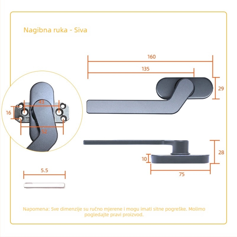 Aluminijska ručica za prozor, kvadratna osovina, model: ravna ili pomaknuta ručica, oksidirani završetak, moderni minimalistički stil