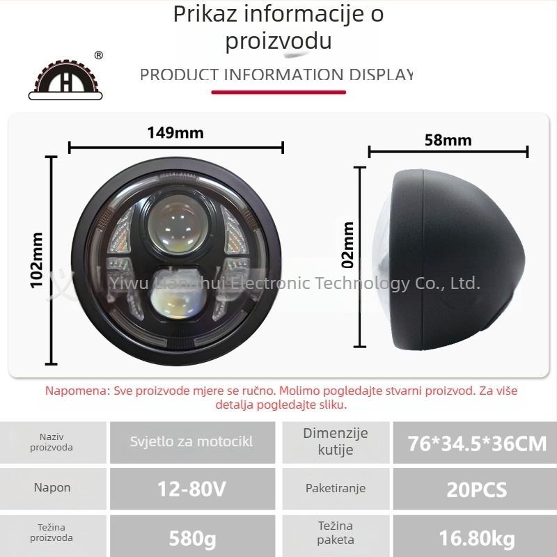 Sastavna prednja svjetla za motocikl, aluminijsko kućište, DC 12–80 V, IP67 vodootporno, 2500 lm, LED 25 W
