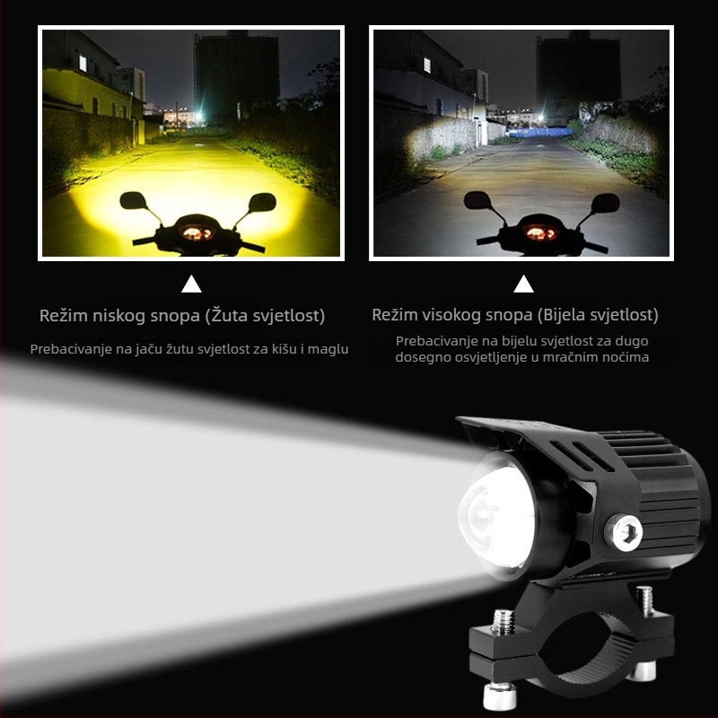 Motociklistička LED glavna svjetla s lećom, aluminijsko kućište, dvobojne LED diode, 18W po lampi, 12–85V ulaz, model Q9