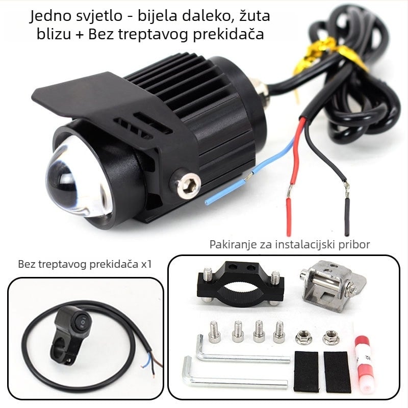 Motociklistička LED glavna svjetla s lećom, aluminijsko kućište, dvobojne LED diode, 18W po lampi, 12–85V ulaz, model Q9