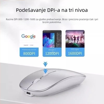 Tiha optička bežična mišić s bežičnim punjenjem, dvostruki način Bluetooth i USB za ured i esport